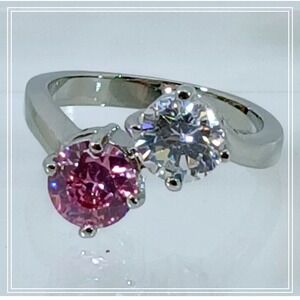 Vintage Size 7 Ring Pink Sim Diamond CZ Silver Tone White Gold GP Engagement NOS